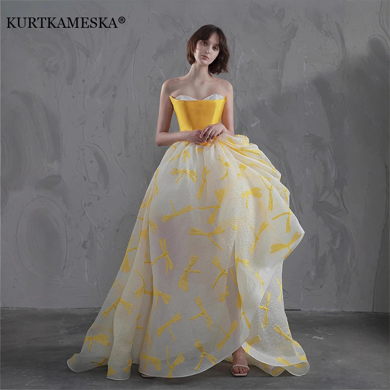 Embroidery Yellow Dress - 우아한 노란색 새틴 탑 미인 대회