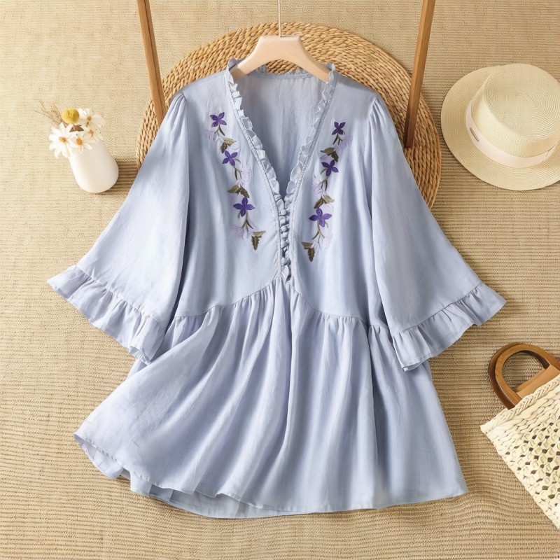 Embroidery Cotton Shirt - 우아한 보라색 꽃자수 코튼 린넨 셔츠,