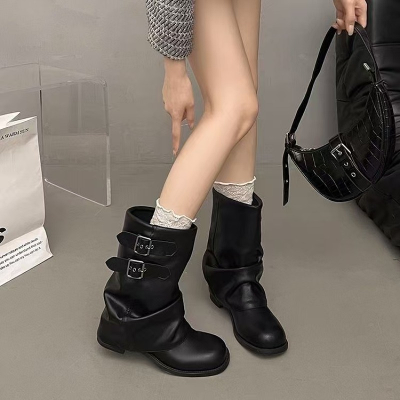 여성용 블랙 슬라우치 미드 카프 부츠, 더블 버클 장식 - Embroidery Garments 리뷰 및 가격
