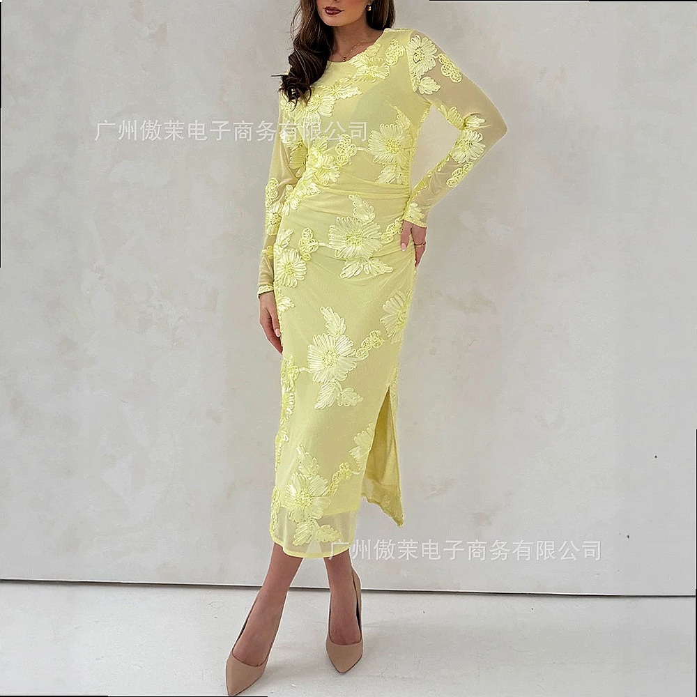 밝은 노란색 3D 플로럴 자수 메쉬 소재의 몸에 꼭 맞 - Embroidery Yellow Dress 리뷰 및 가격