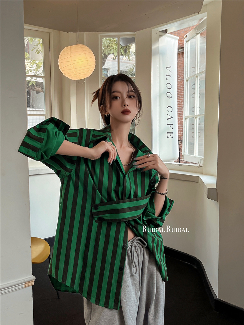 비대칭 개성 있는 한국 스트라이프 셔츠, 캐쥬얼 및 패 - Embroidery Online 리뷰 및 가격